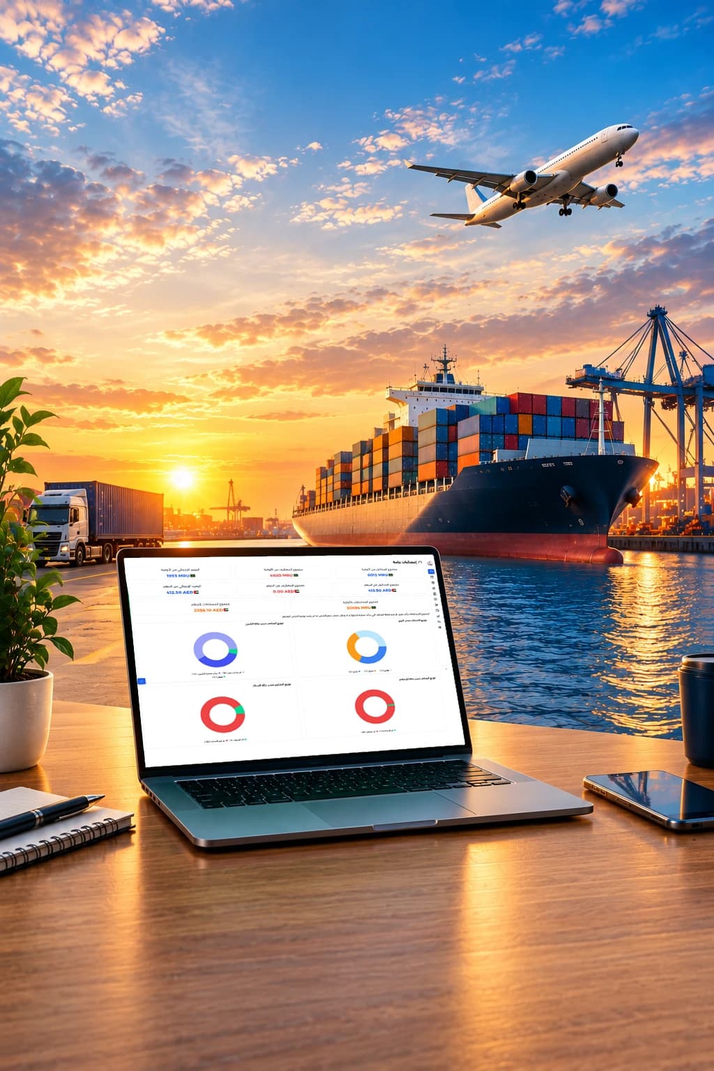 Le tableau de bord Ufuk sur un ordinateur portable, devant un port de commerce